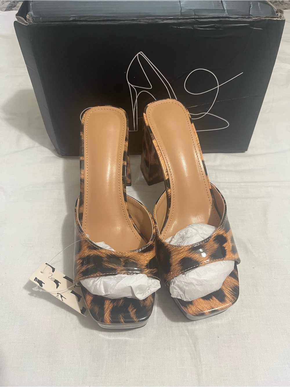Leopard Pattern Chunky Heeled Mule Sandals Brown & Black US 8